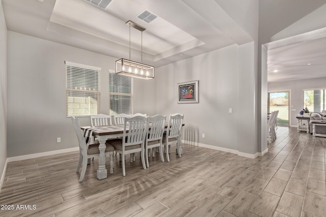 dining space with a raised ceiling