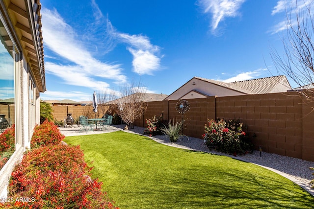 view of yard with a fenced backyard and a patio