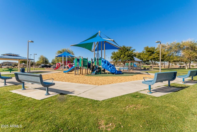 community play area featuring a yard and a gazebo