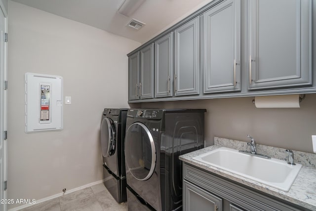 laundry room featuring cabinets, washing machine and dryer, and sink