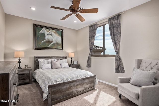 bedroom featuring carpet floors and ceiling fan