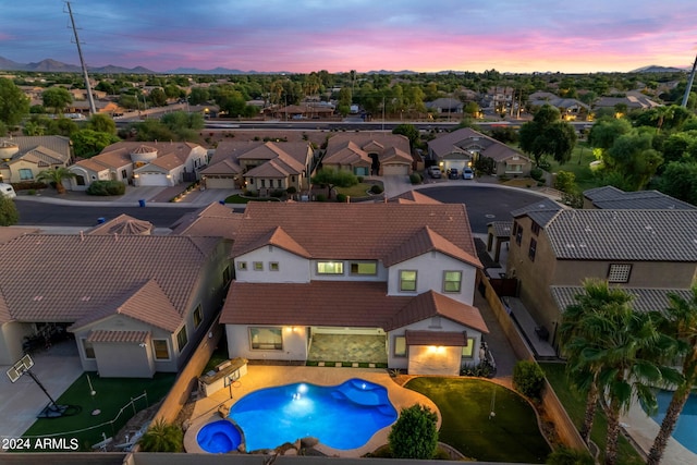 view of aerial view at dusk