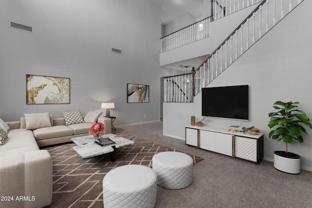 living room with dark colored carpet and a high ceiling