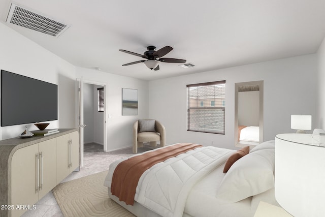 bedroom with visible vents, baseboards, and ceiling fan