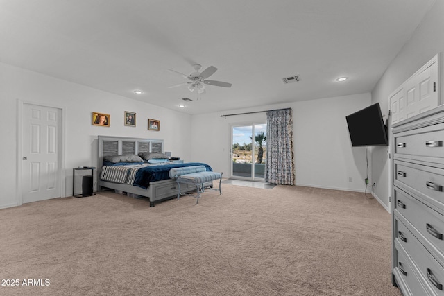 bedroom with recessed lighting, visible vents, light colored carpet, and access to exterior