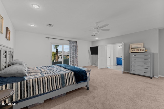 bedroom with access to exterior, visible vents, baseboards, light carpet, and recessed lighting