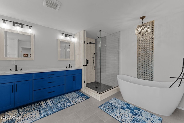 bathroom featuring a sink, visible vents, a stall shower, and double vanity