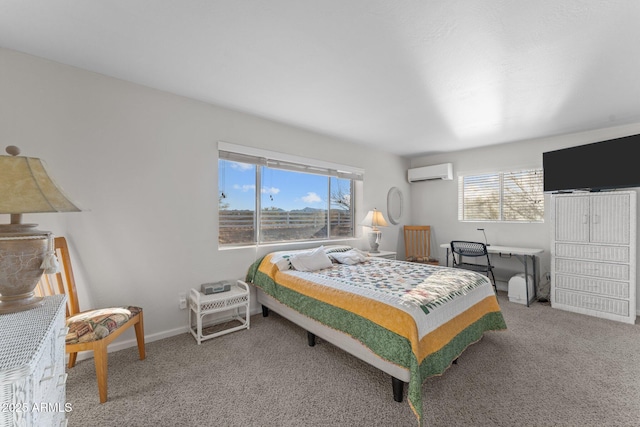 bedroom with a wall mounted air conditioner, multiple windows, and carpet floors