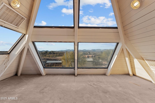 bonus room featuring a wealth of natural light, a towering ceiling, wood walls, and carpet flooring