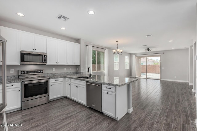 kitchen featuring stainless steel appliances, a sink, a peninsula, open floor plan, and dark wood-type flooring