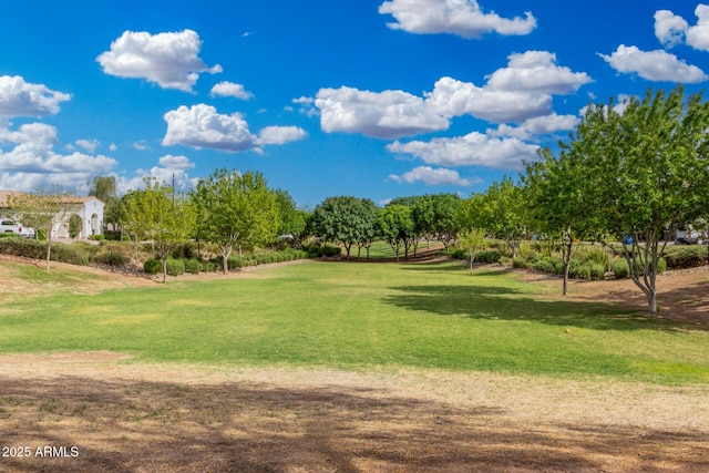 view of community featuring a yard and golf course view
