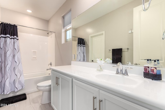 full bathroom with vanity, toilet, and shower / bathtub combination with curtain