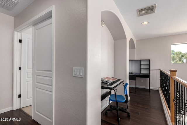 office with recessed lighting, wood finished floors, visible vents, and baseboards