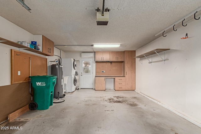 garage with baseboards, a wall mounted air conditioner, water heater, stacked washer and clothes dryer, and a garage door opener