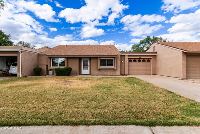 ranch-style home featuring concrete driveway, a front lawn, a garage, and stucco siding