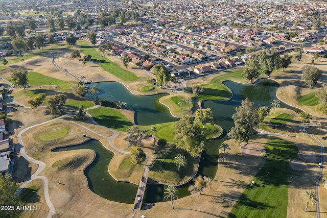 bird's eye view featuring a residential view, a water view, and view of golf course