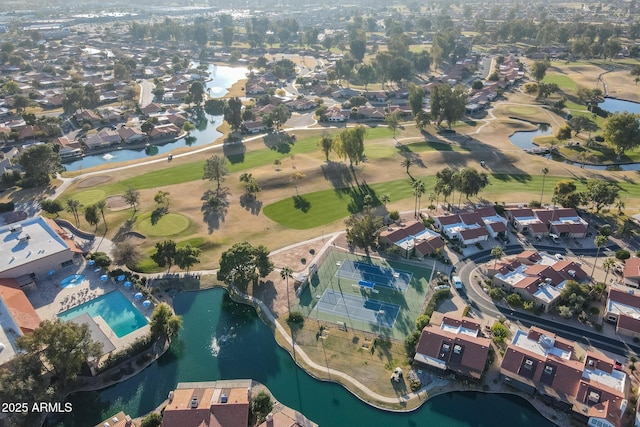 bird's eye view with golf course view, a residential view, and a water view