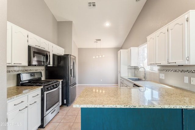 kitchen with appliances with stainless steel finishes, pendant lighting, sink, white cabinets, and kitchen peninsula