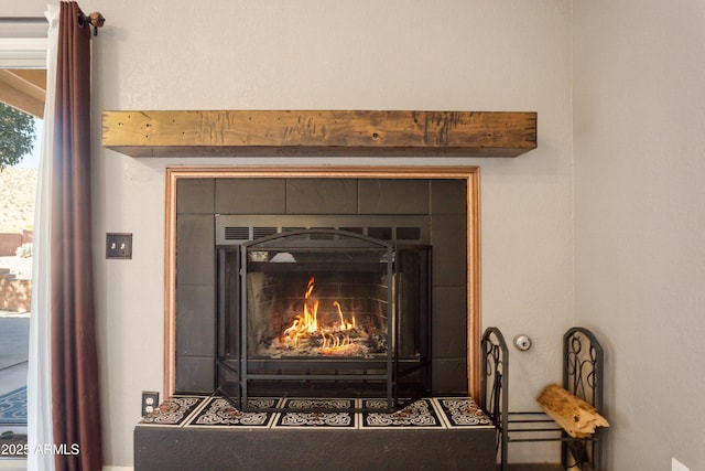 room details featuring a fireplace