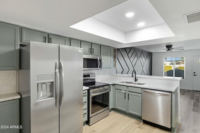 kitchen featuring sink, stainless steel appliances, tasteful backsplash, kitchen peninsula, and light wood-type flooring