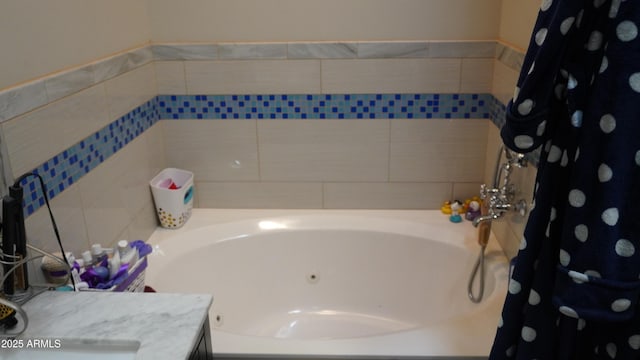 full bathroom with a tub, vanity, and a shower with shower curtain