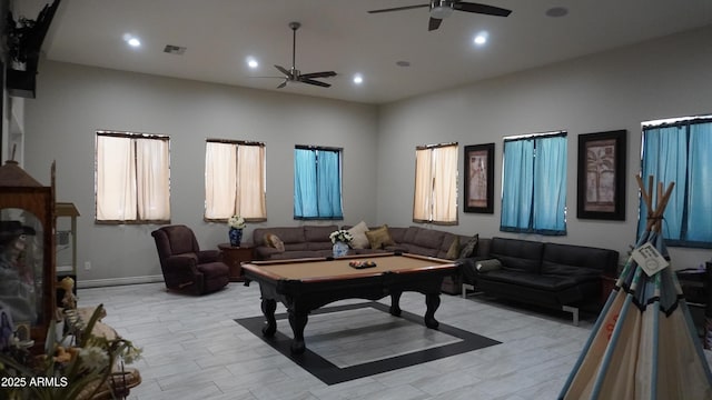 living area featuring pool table, visible vents, recessed lighting, and a ceiling fan