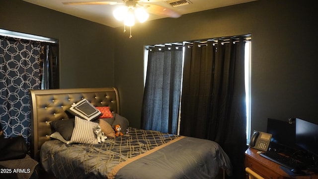 bedroom with visible vents and a ceiling fan