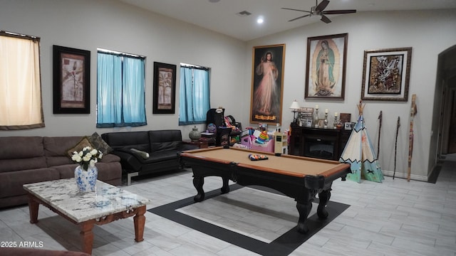 recreation room with lofted ceiling, pool table, visible vents, and a ceiling fan