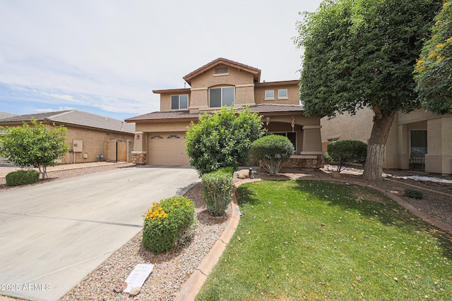 11563 W Jefferson St, Avondale, AZ 85323 - view of front of house with stucco siding, driveway, a front lawn, stone siding, and a garage