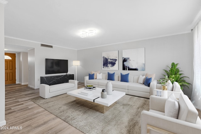 living room featuring ornamental molding and light hardwood / wood-style flooring