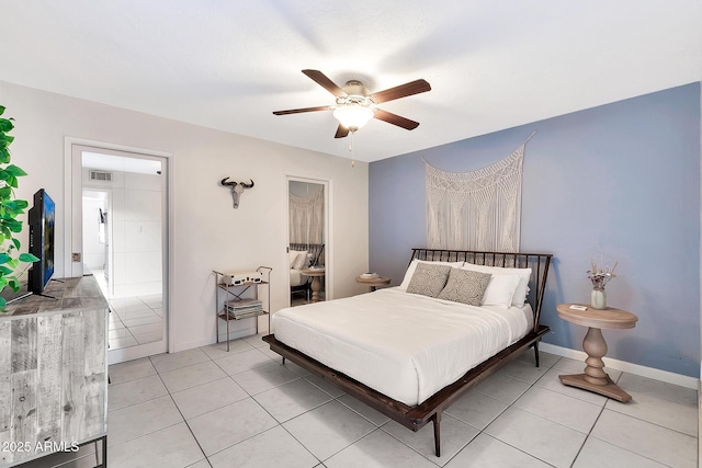 bedroom with ceiling fan, light tile patterned flooring, visible vents, and baseboards