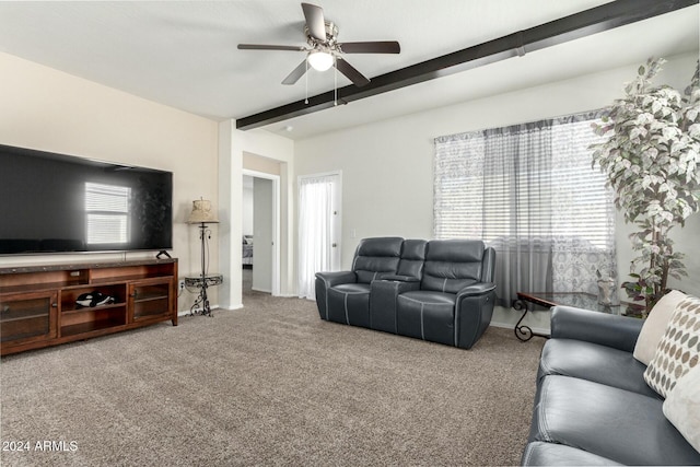 living room with beam ceiling, ceiling fan, and carpet flooring