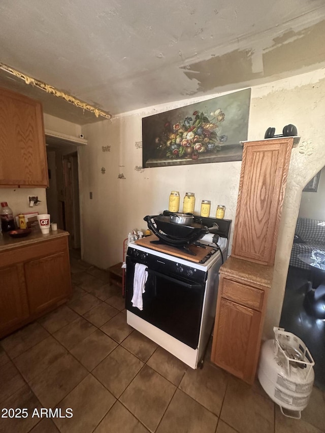 kitchen with gas range oven and dark tile patterned floors