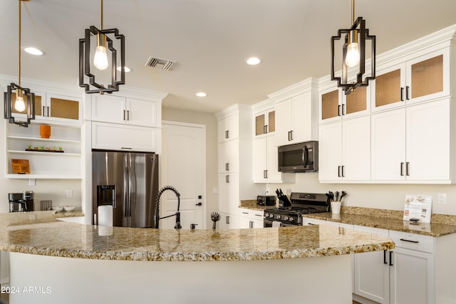 kitchen with appliances with stainless steel finishes, white cabinets, decorative light fixtures, and light stone counters