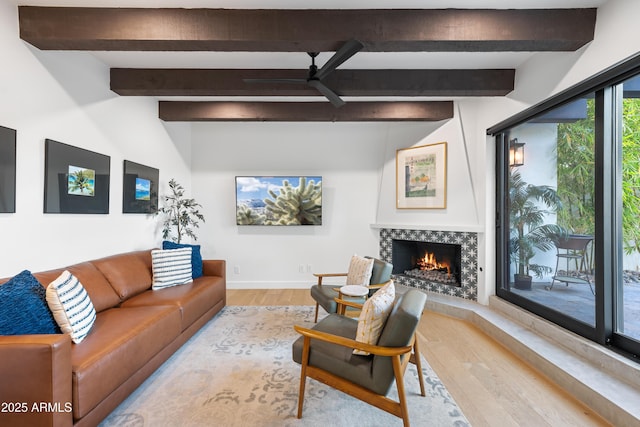 8001 N 3rd Pl, Phoenix, AZ 85020 - living area featuring beam ceiling, wood finished floors, ceiling fan, a lit fireplace, and baseboards