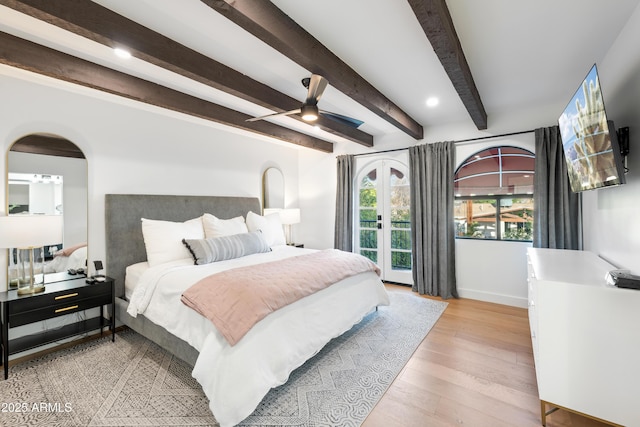 8001 N 3rd Pl, Phoenix, AZ 85020 - bedroom with beamed ceiling, baseboards, light wood-style flooring, recessed lighting, and ceiling fan