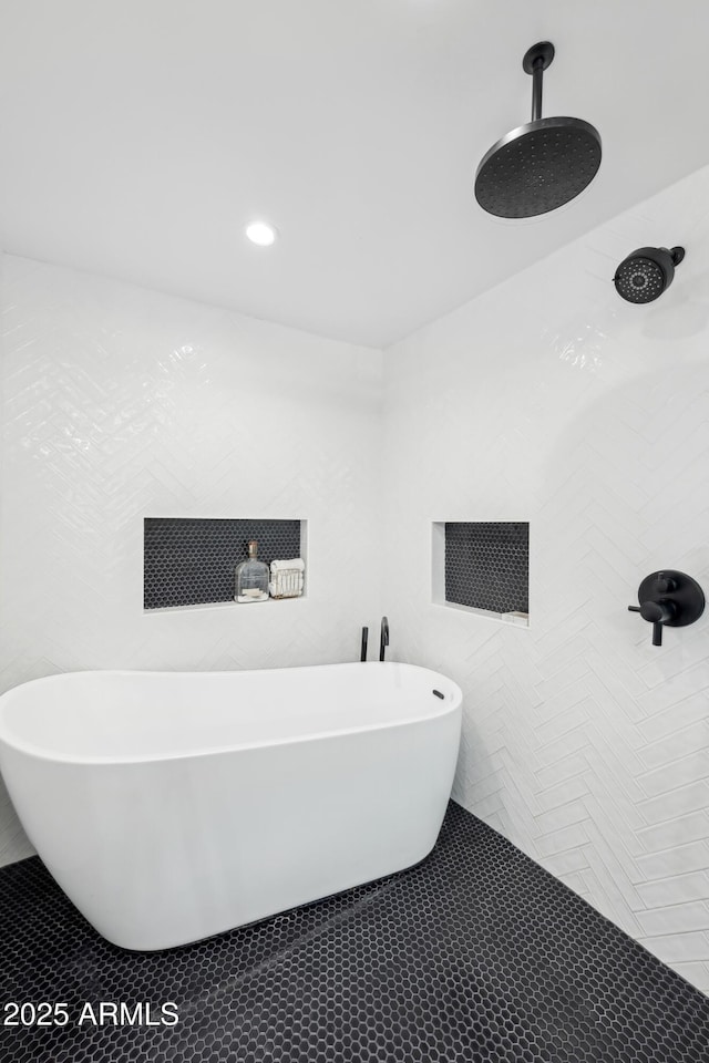 8001 N 3rd Pl, Phoenix, AZ 85020 - bathroom featuring a soaking tub, tiled shower, and tile patterned flooring