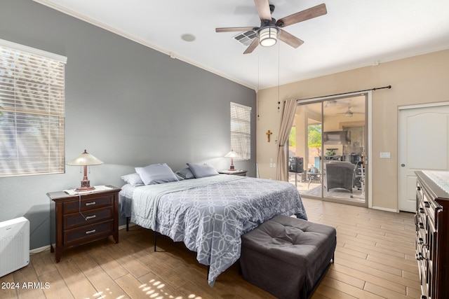 bedroom featuring access to exterior, light wood-type flooring, ceiling fan, and crown molding