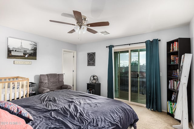 bedroom featuring ceiling fan, access to outside, and light colored carpet