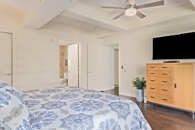 bedroom with connected bathroom, ceiling fan, and dark wood-type flooring