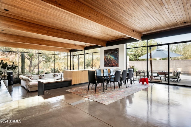 sunroom / solarium with beamed ceiling and wooden ceiling