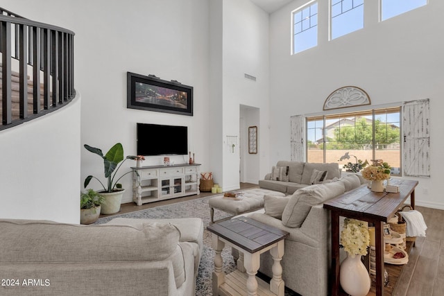 living room featuring hardwood / wood-style floors and a high ceiling