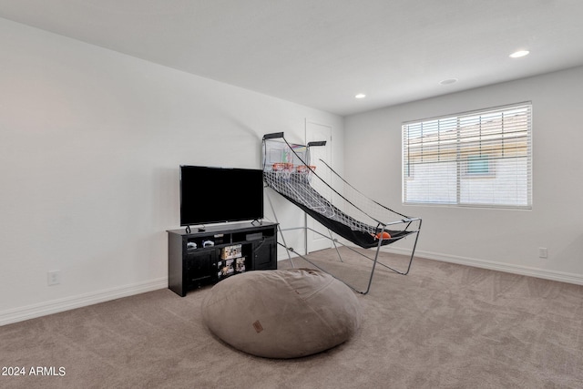 recreation room featuring light colored carpet