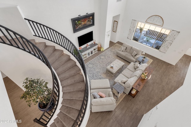 living room featuring wood-type flooring and a towering ceiling