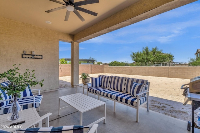 view of patio / terrace featuring outdoor lounge area, ceiling fan, and a grill