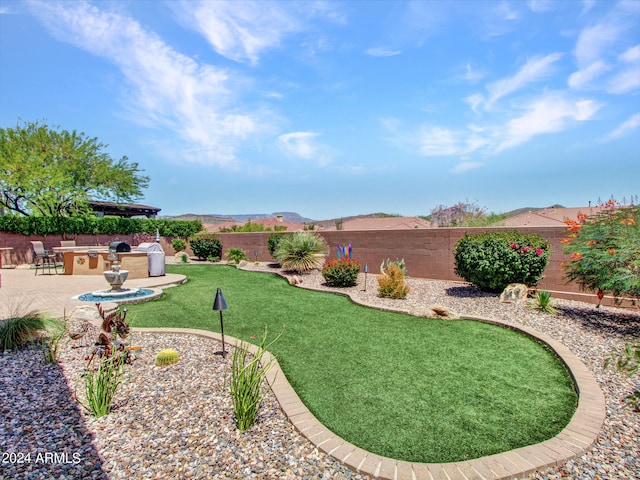 view of yard with a mountain view and a patio area