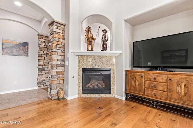 living room featuring a fireplace and wood-type flooring