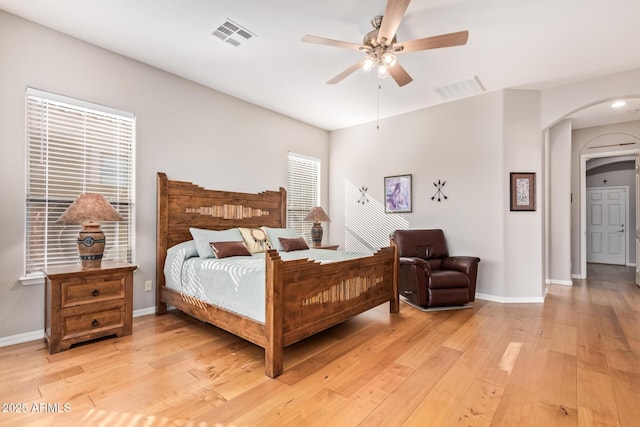 bedroom featuring ceiling fan and light wood-type flooring