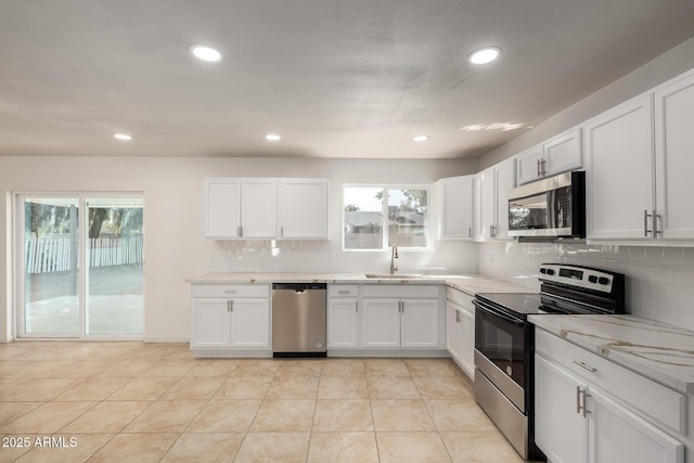 kitchen with stainless steel appliances, a wealth of natural light, a sink, and backsplash