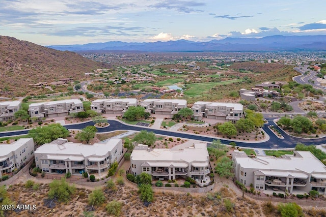 drone / aerial view featuring a mountain view